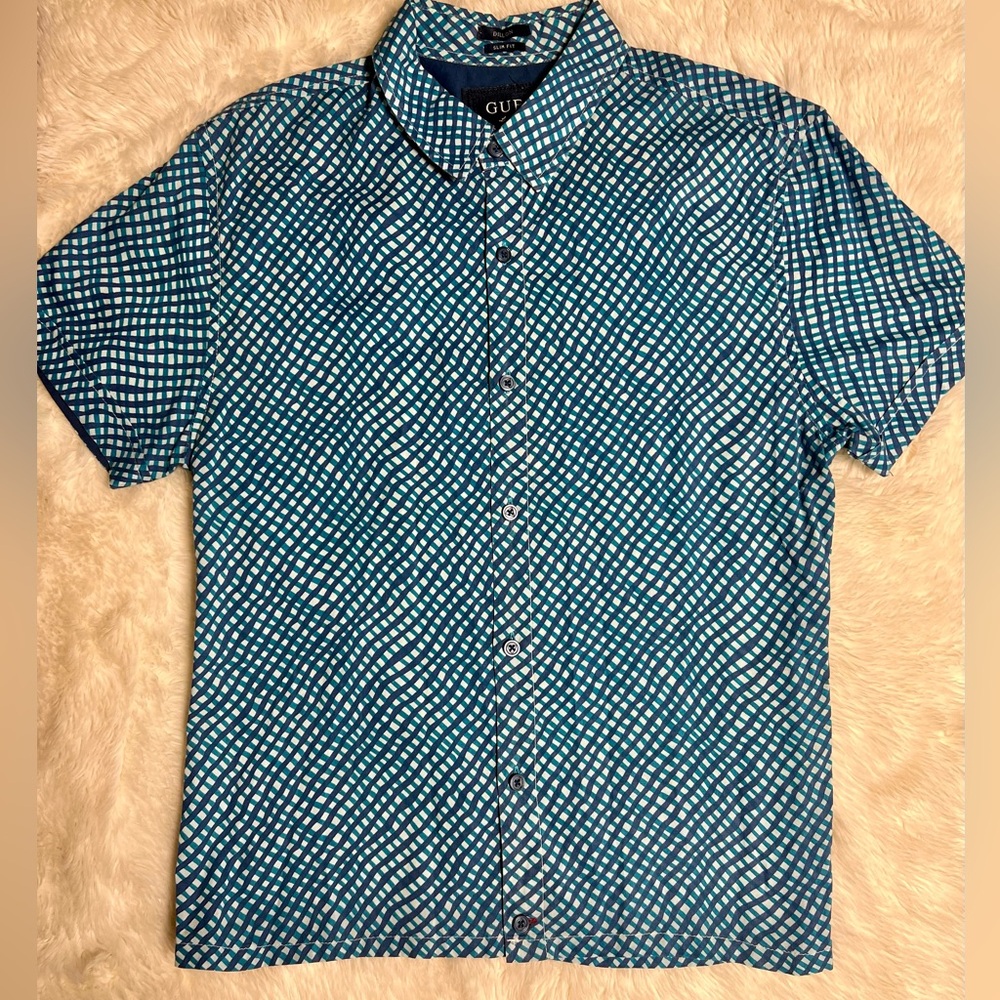 GUESS Men’s Slimfit Button Down Checkered Green Cotton Shirt Size Medium